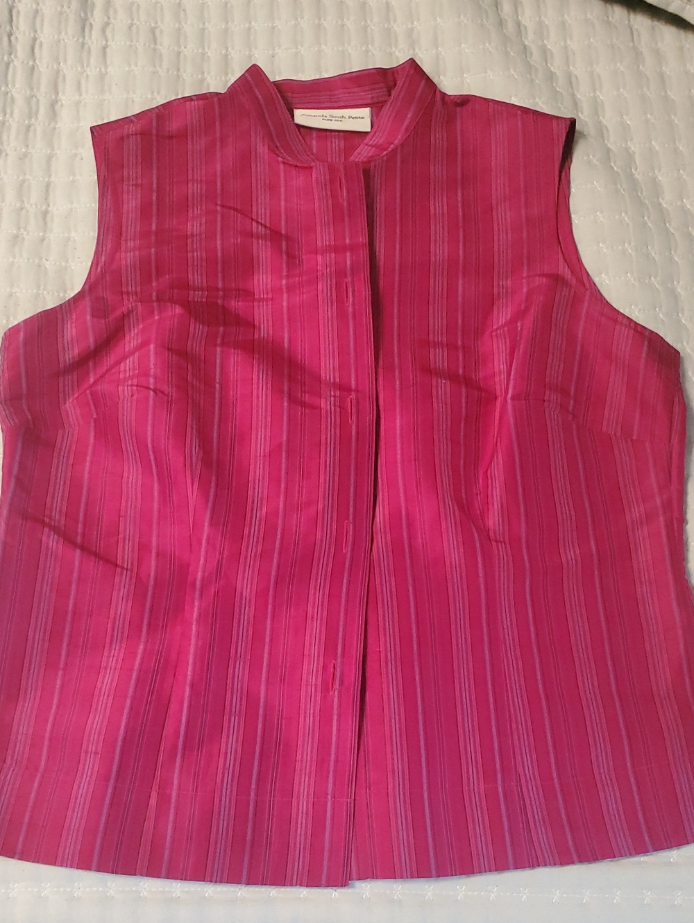 Amanda Smith Sleeveless 100% Silk Magenta Striped Mandarin Top